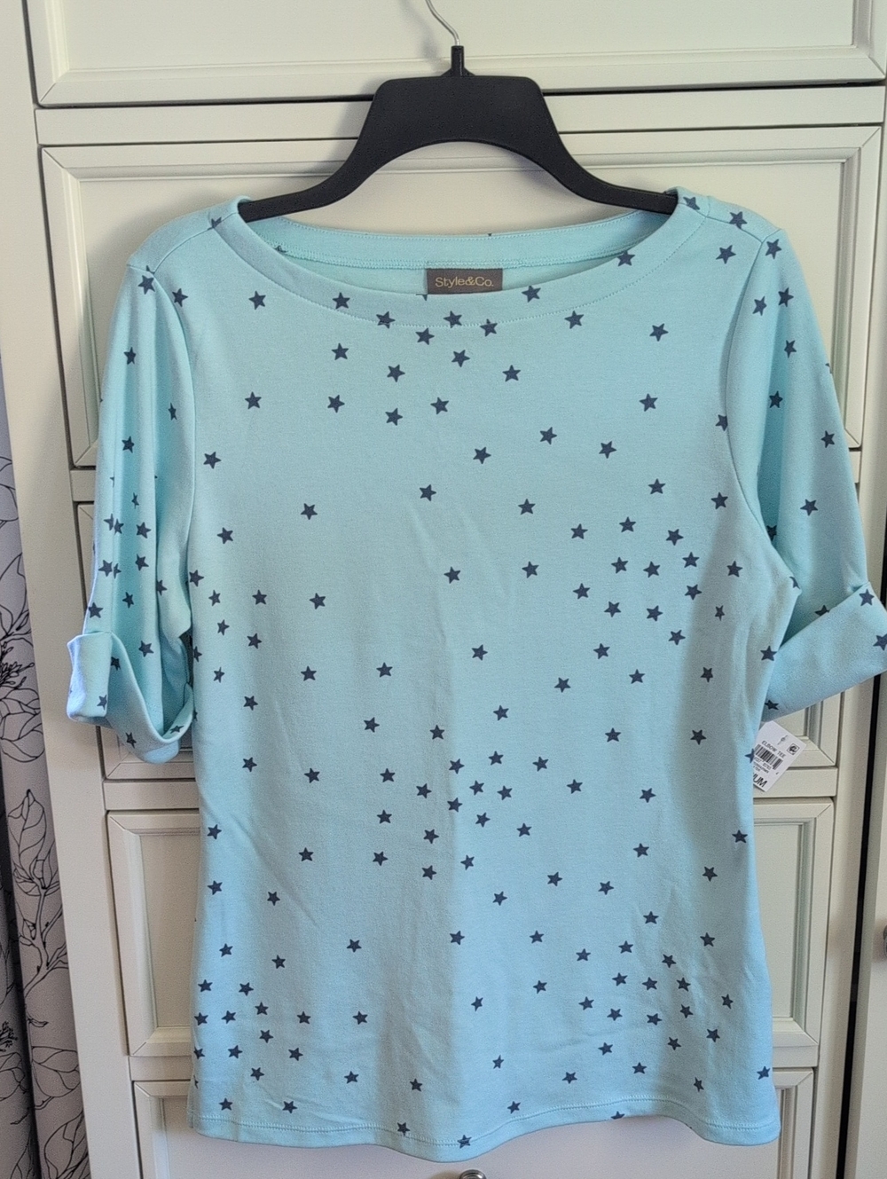 Style & Co. Light Blue Star-Print Boatneck Short Sleeve Top